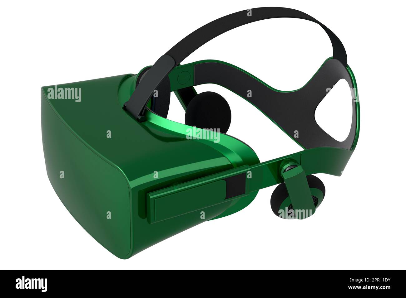 Realistic virtual reality glasses with green chrome texture isolated on