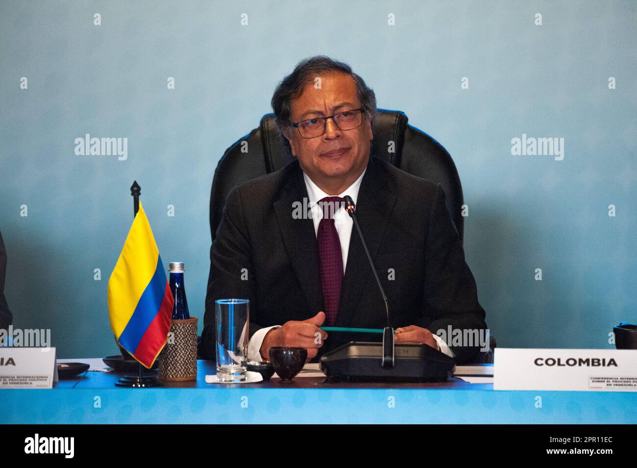 Bogota, Colombia, April 25, 2023. Colombian president Gustavo Petro speaks during the International Conference About Venezuela's Political Process in Bogota, Colombia, April 25, 2023. Photo by: Sebastian Barros/Long Visual Press Stock Photo