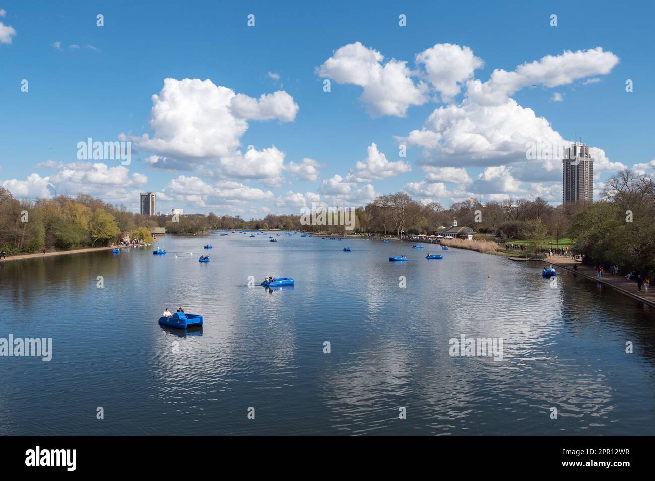 View of tourist paddle boats on The Serpentine, Hyde Park, London, UK. Stock Photo