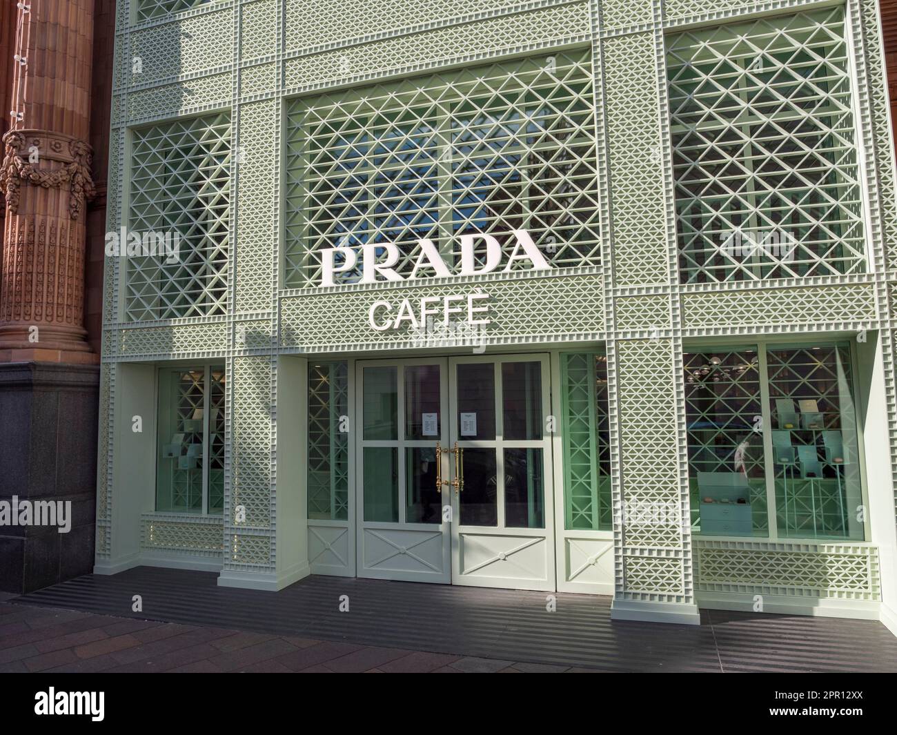 The PRADA Caffe connected to Harrods shop, Hans Road, London, SW1X, UK. Stock Photo