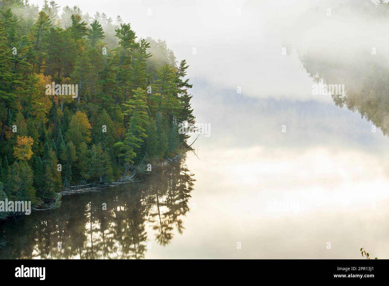High angle view of boundary waters lake and trees in morning fog in northern Minnesota during fall Stock Photo