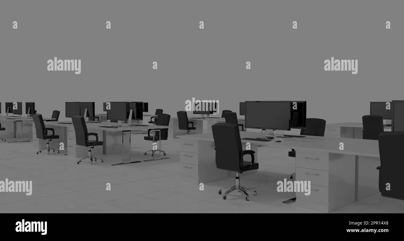Image of empty office with computers over white background Stock Photo