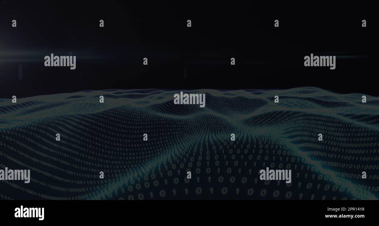 Image of binary coding and light trails over black background Stock Photo