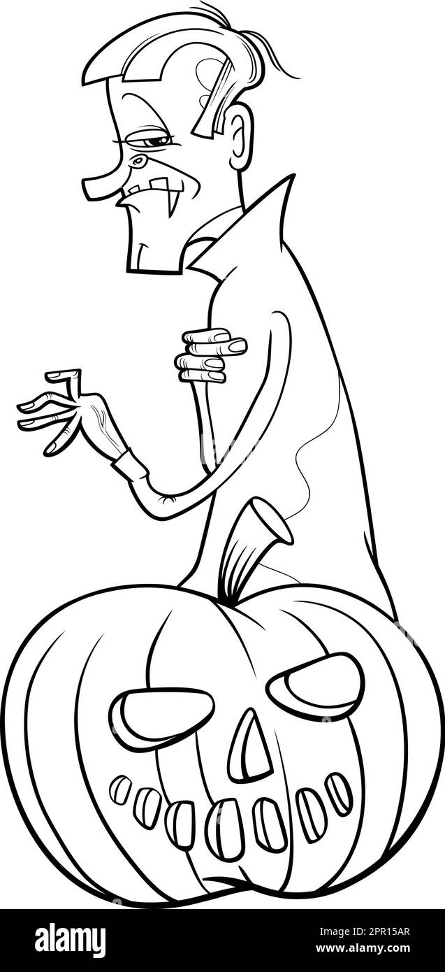 cartoon vampire with Halloween pumpkin coloring page Stock Vector Image