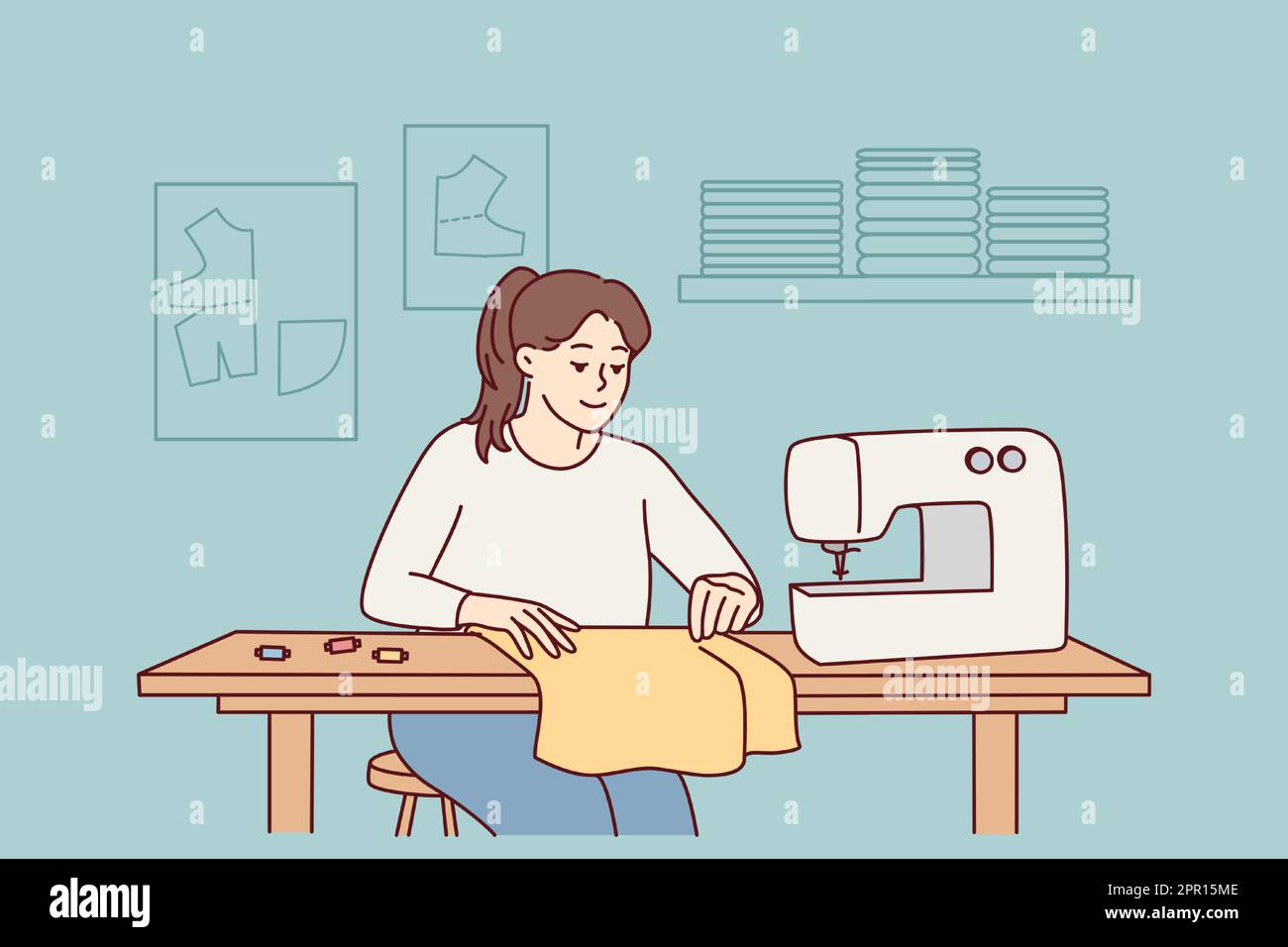 Female seamstress sewing on machine Stock Vector