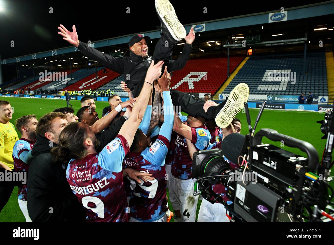 Blackburn, UK. 25th Apr, 2023. Burnley celebrate winning the league while the players throw Burnley Manager Vincent Kompany in the air during the Sky Bet Championship match at Ewood Park, Blackburn. Picture credit should read: Gary Oakley/Sportimage Credit: Sportimage Ltd/Alamy Live News Stock Photo