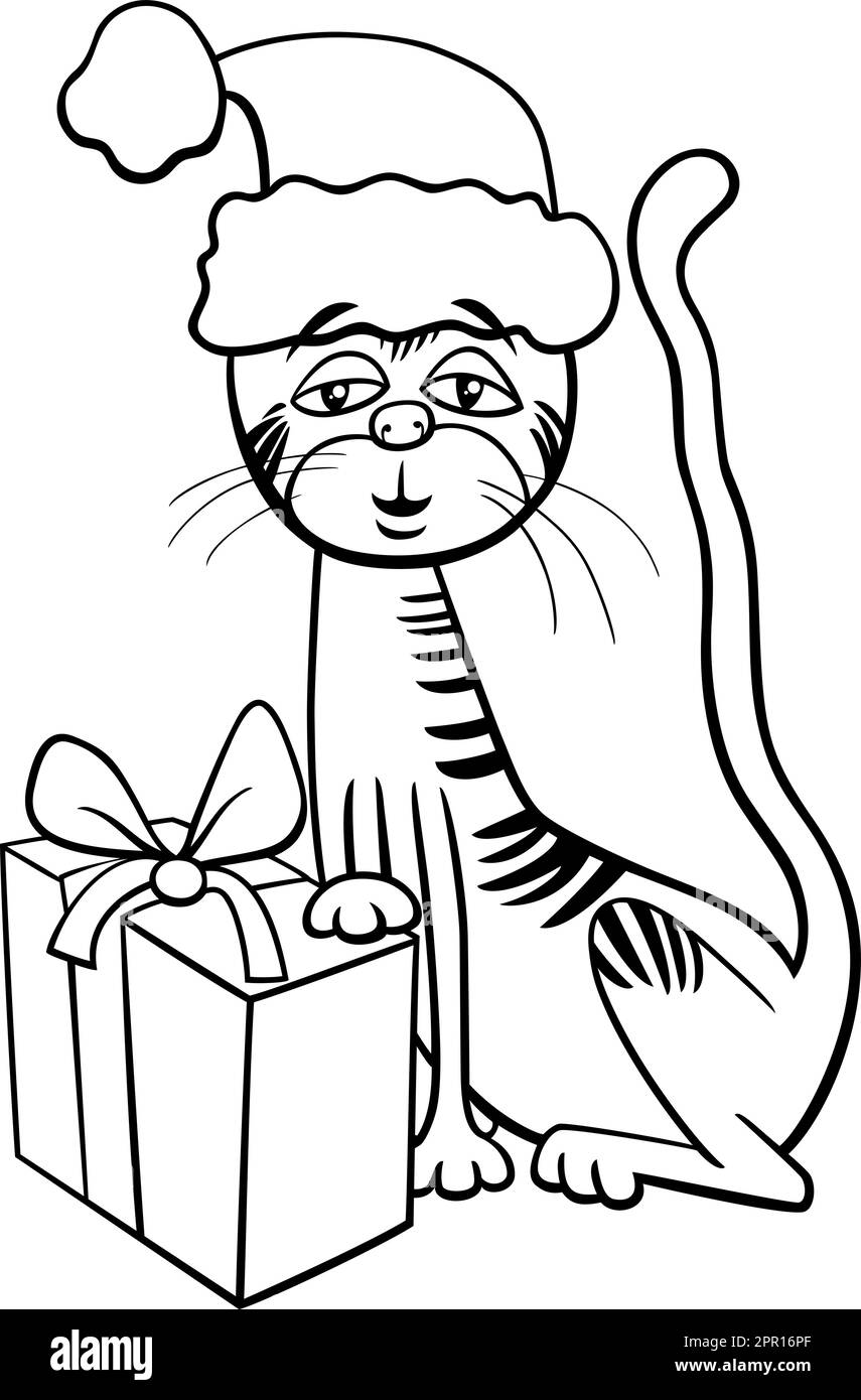 cartoon cat with present on Christmas time coloring page Stock Vector ...