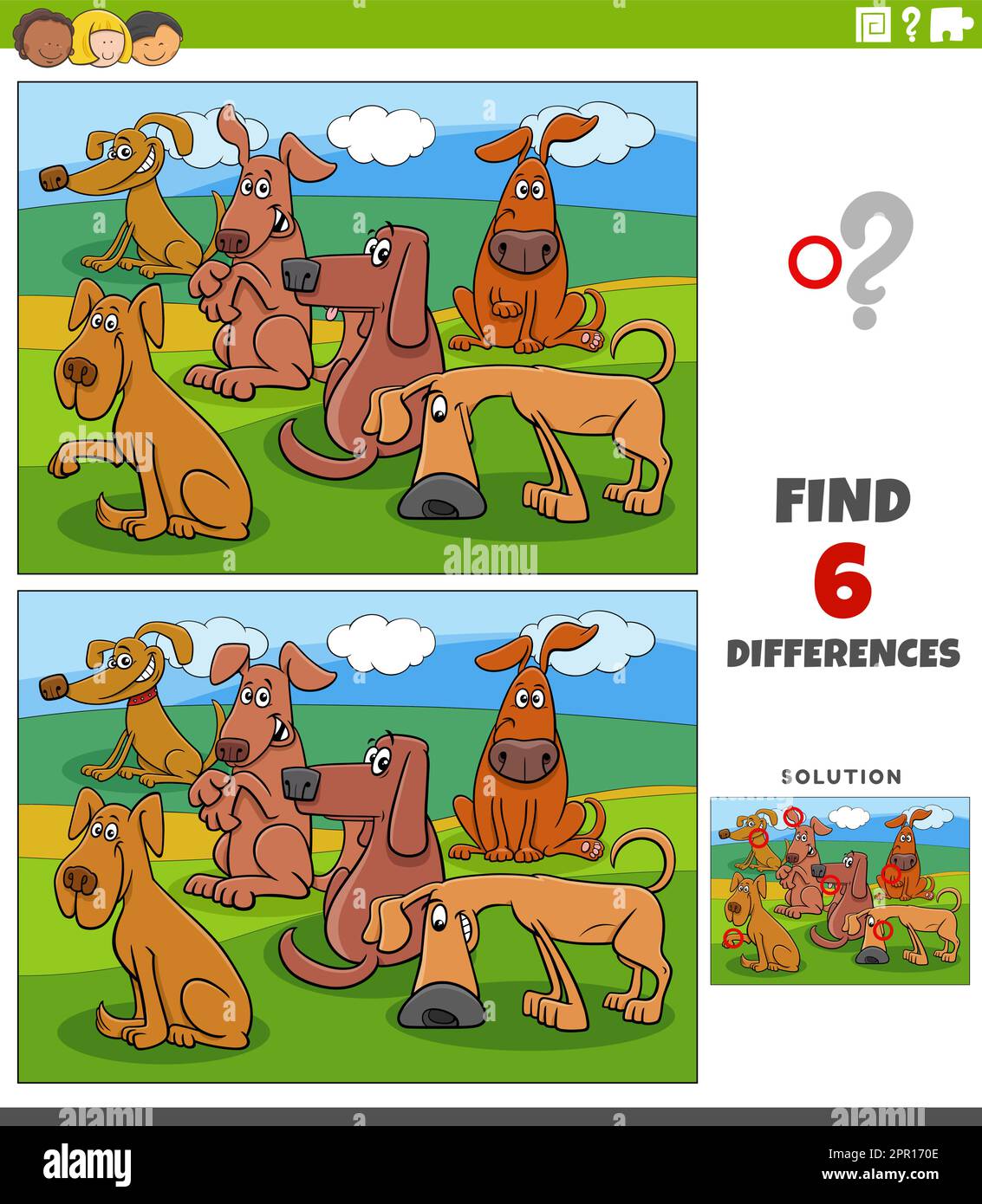 differences game with cartoon dogs animal characters Stock Vector