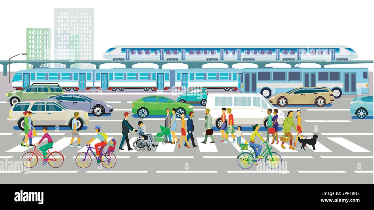 People on the crosswalk and road and rail traffic, illustration Stock ...