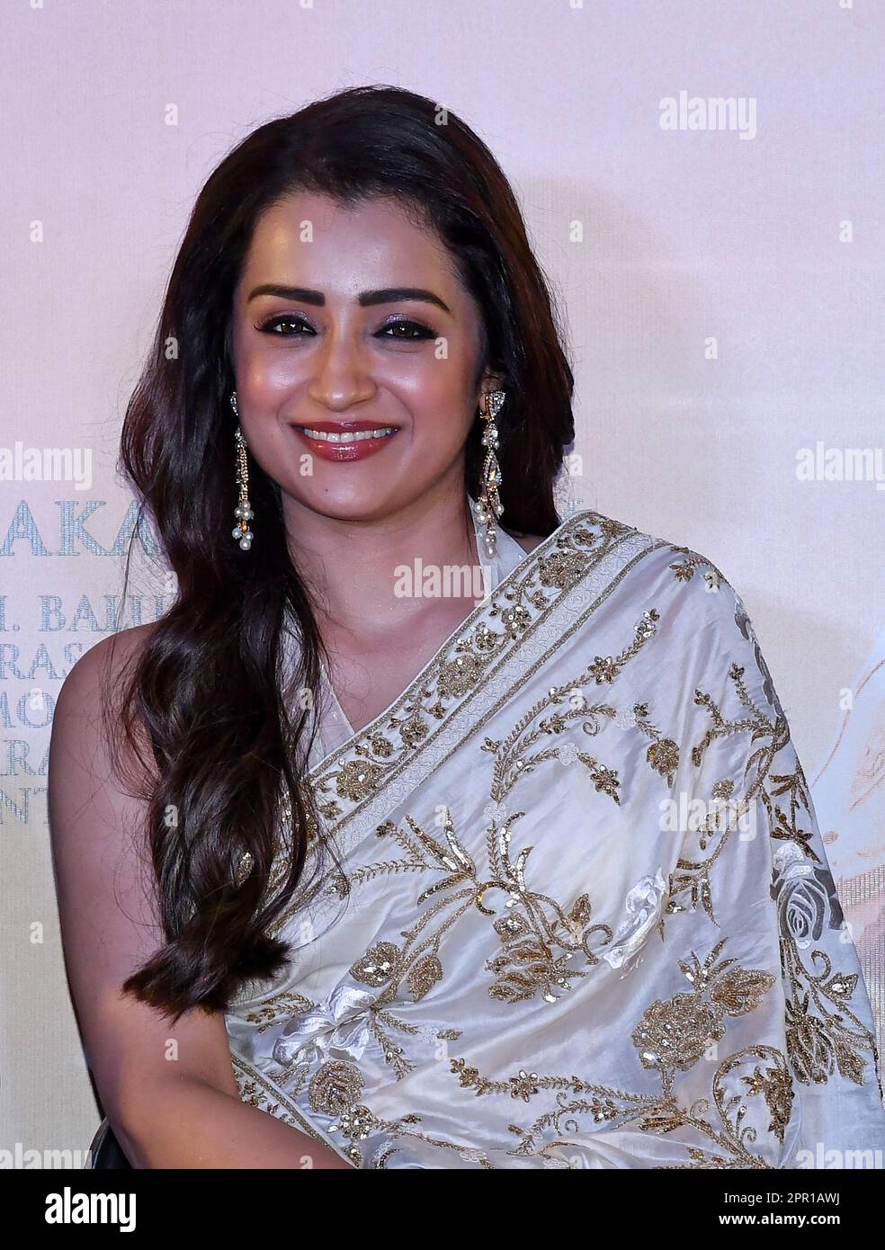 Mumbai, India. 25th Apr, 2023. Indian actress and model Trisha Krishnan is seen during the press conference of her upcoming film Ponniyin Selvan (PS-2) in Mumbai. The film will release in theaters on 28th April 2023 in Tamil, Telugu, Malayalam, Kannada and Hindi languages. Credit: SOPA Images Limited/Alamy Live News Stock Photo