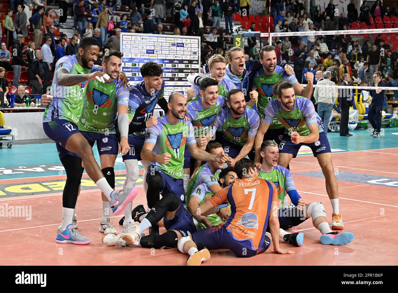 Verona, Italy. 25th Apr, 2023. exultation of Vero Volley Monza during the  Volleyball Italian Serie A Men Superleague Championship Playoffs 5th place  - WithU Verona vs Vero Volley Monza on April 25,