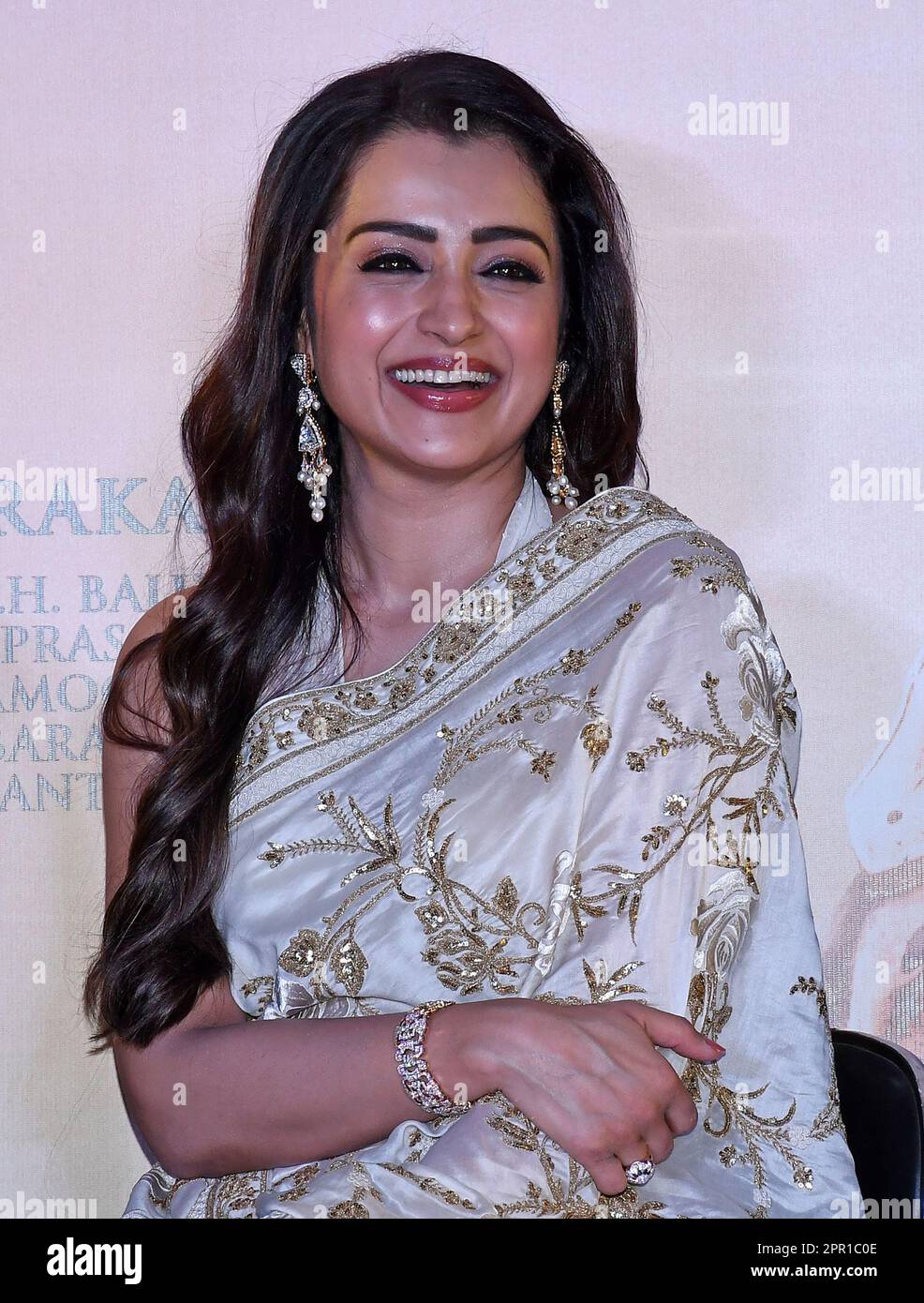 Mumbai, India. 25th Apr, 2023. Indian actress and model Trisha Krishnan is seen during the press conference of her upcoming film Ponniyin Selvan (PS-2) in Mumbai. The film will release in theaters on 28th April 2023 in Tamil, Telugu, Malayalam, Kannada and Hindi languages. (Photo by Ashish Vaishnav/SOPA Images/Sipa USA) Credit: Sipa USA/Alamy Live News Stock Photo