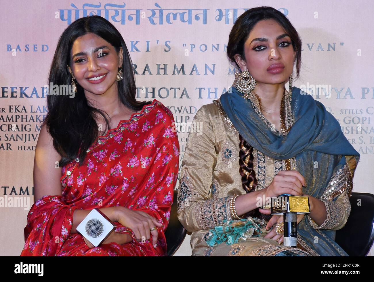 Mumbai, India. 25th Apr, 2023. L-R Indian film actress and producer Aishwarya Lekshmi and actress Sobhita Dhulipala are seen during the press conference of their upcoming film Ponniyin Selvan (PS-2) in Mumbai. The film will release in theaters on 28th April 2023 in Tamil, Telugu, Malayalam, Kannada and Hindi languages. (Photo by Ashish Vaishnav/SOPA Images/Sipa USA) Credit: Sipa USA/Alamy Live News Stock Photo