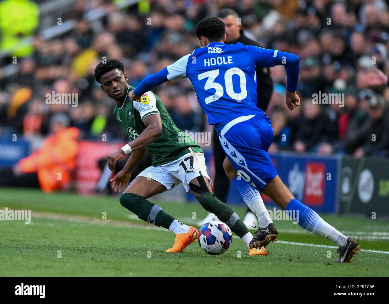 Plymouth, UK. 25th Apr, 2023. Luca Hoole #30 of Bristol Rovers takes on Bali Mumba #17 of Plymouth Argyle during the Sky Bet League 1 match Plymouth Argyle vs Bristol Rovers at Home Park, Plymouth, United Kingdom, 25th April 2023 (Photo by Stan Kasala/News Images) in Plymouth, United Kingdom on 4/25/2023. (Photo by Stan Kasala/News Images/Sipa USA) Credit: Sipa USA/Alamy Live News Stock Photo