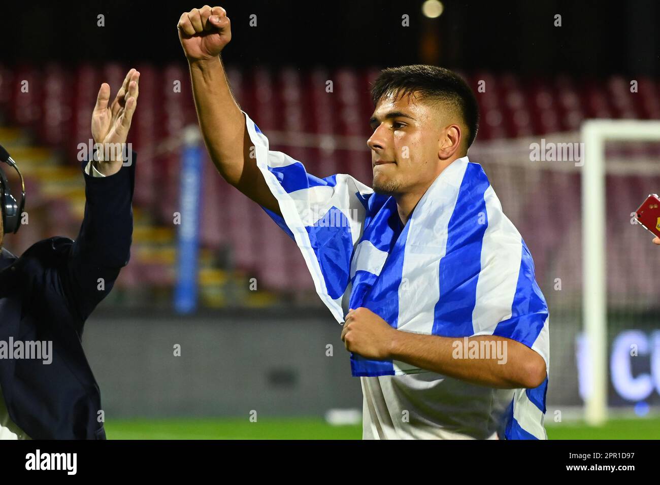 Salerno, Italy. 24th Apr, 2023. AS Roma player Dimitrios Keramitsis celebrates after the Coppa Italia Primavera final match between AS Roma and ACF Fiorentina at Stadio Arechi on April 25, 2023 in Salerno, Italy. - Credit: Nicola Ianuale/Alamy Live News Stock Photo