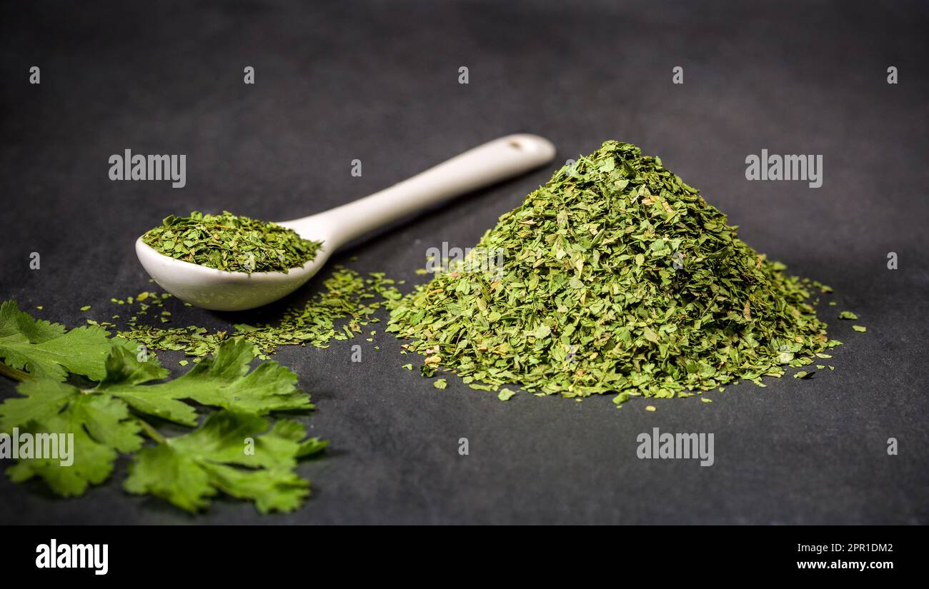 Spices. Cilantro parsley. Spoon and pile of ground dried parsley cilantro spice. Recipe ingredients. Stock Photo
