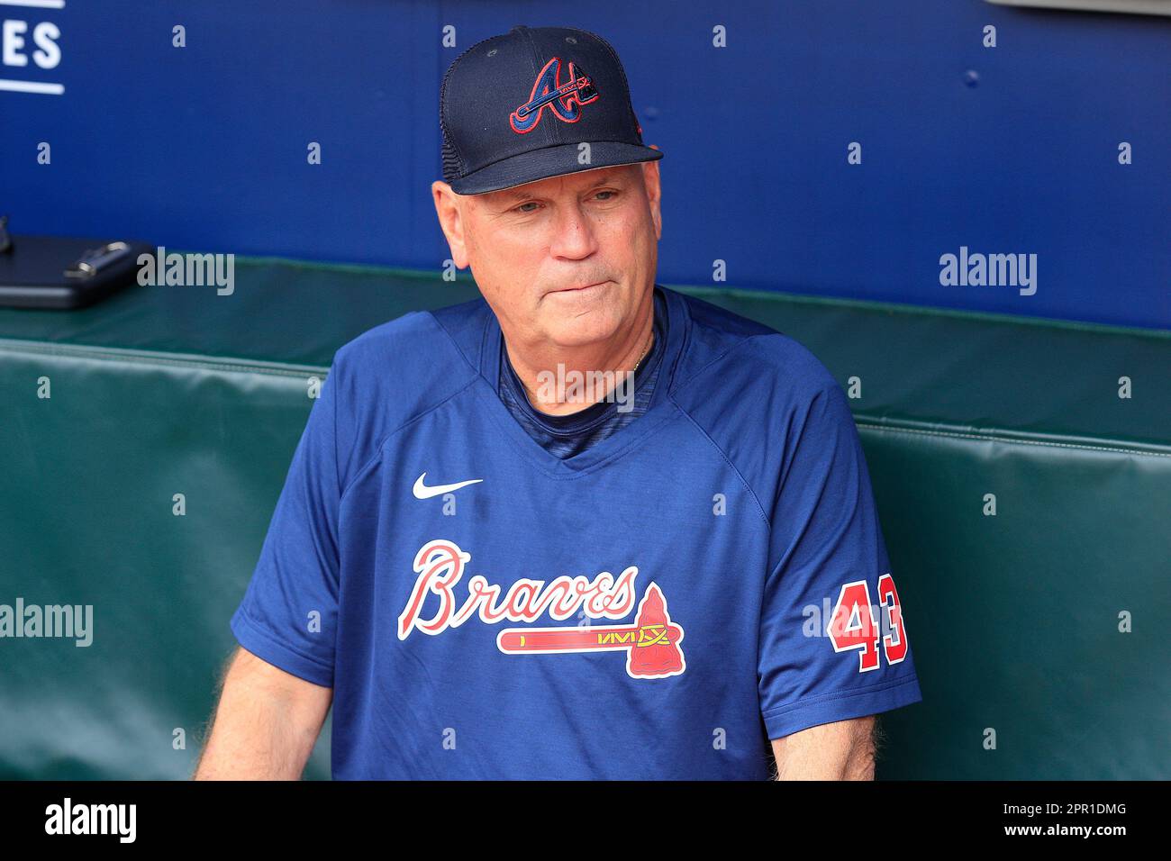 Atlanta Braves manager Brian Snitker (43) looks on from the dugout