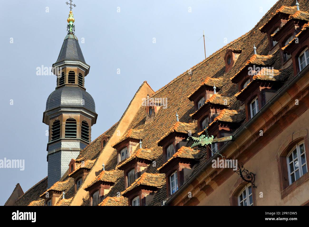 Historic main building of Strasbourg Civil Hospital with its many hipped dormers on the rooftop in Strasbourg, France. Stock Photo