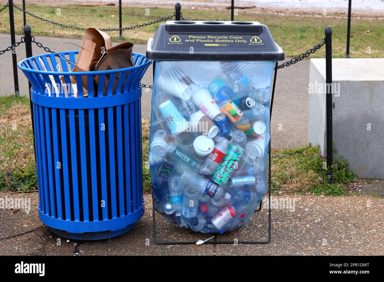 A trash can and a recycling bin. The designated recycling container filled with plastic bottles, cans, and non recyclable coffee cups and trash. Stock Photo