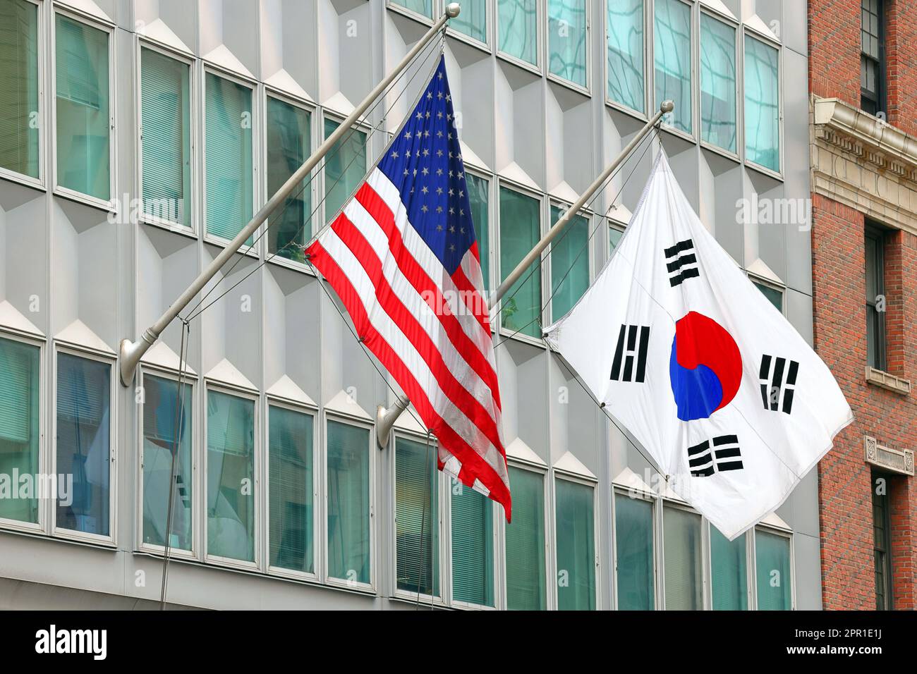 The American Flag and the South Korean Flag 태극기 flying side by side at