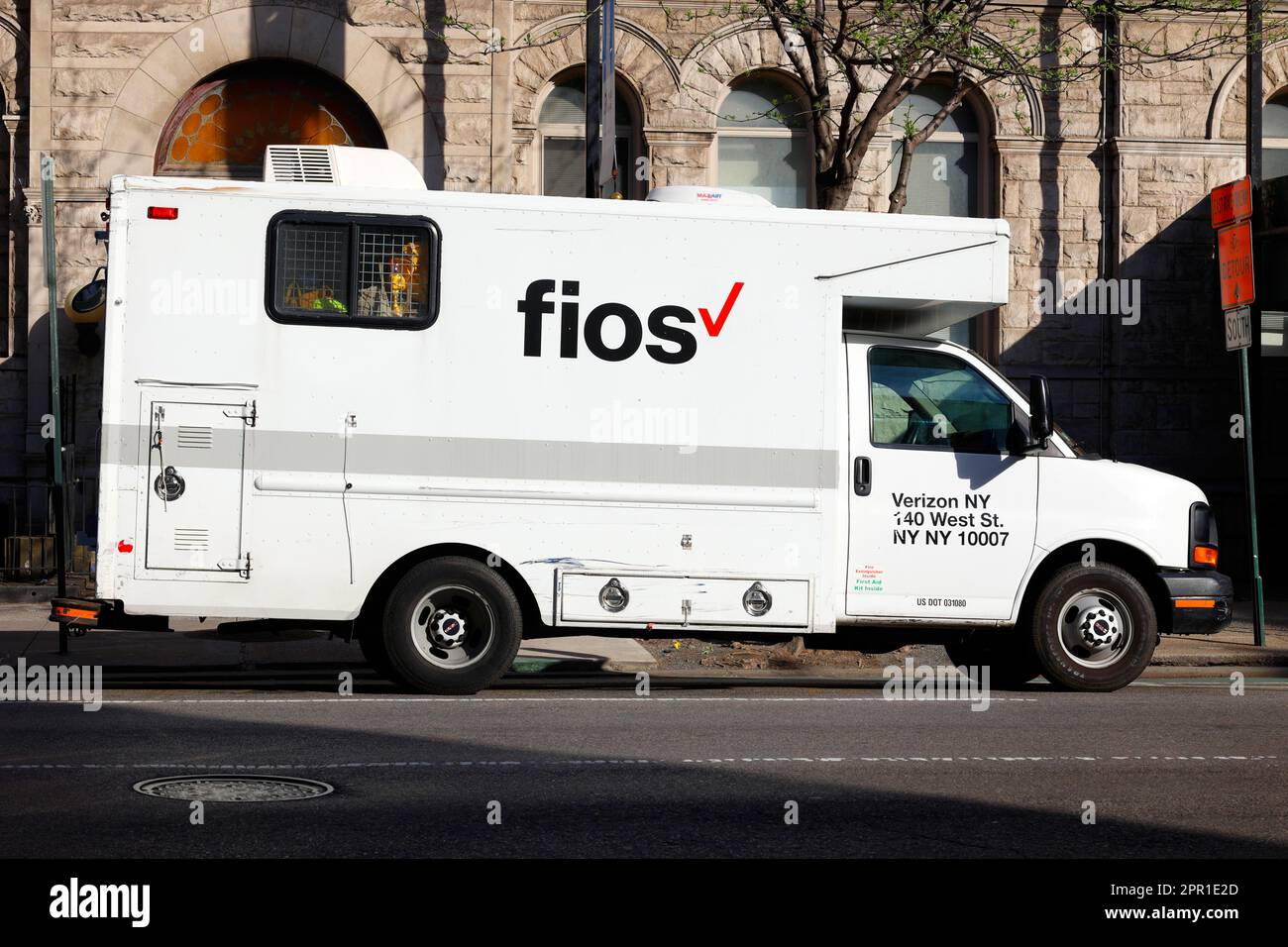 A Verizon Fios truck parked on a Manhattan street in New York City Stock Photo