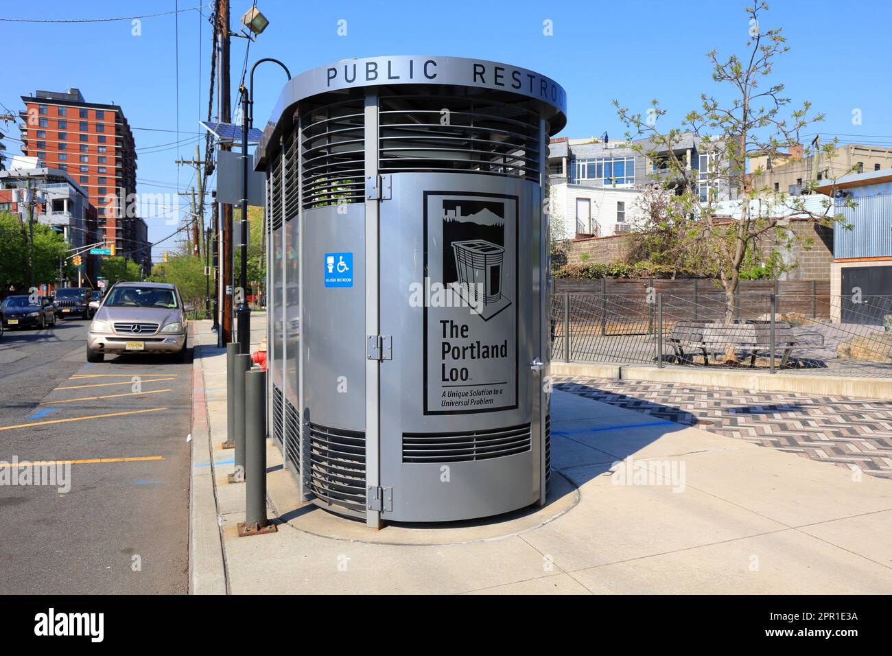 A Portland Loo at Southwest Resiliency Park, Hoboken, New Jersey. A basic, no frills public toilet manufactured in Portland, Oregon (see add'l info) Stock Photo