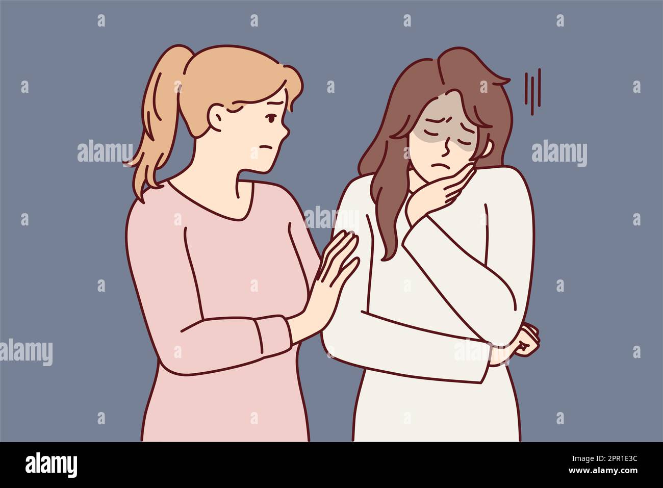 Woman comforting girl friend is sad and stressed after bullying or toxic relationship. Vector image Stock Vector