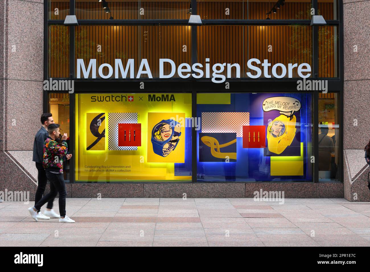 MoMA Design Store, 44 W 53rd St, New York, NYC storefront of a museum shop in Midtown Manhattan. Window display with a Swatch x MoMA collab Stock Photo