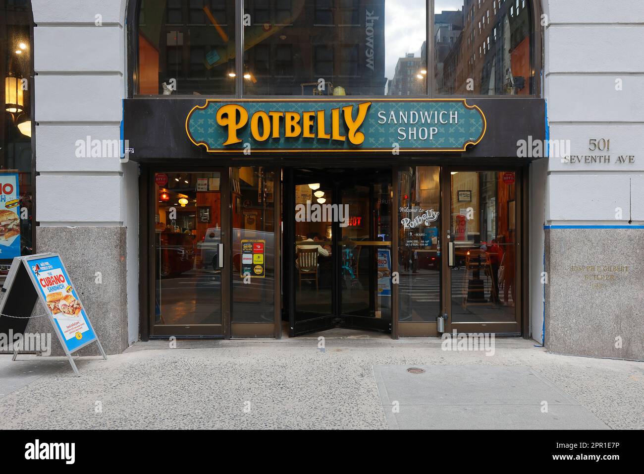 Potbelly Sandwich Shop, 501 7th Ave, New York, NYC storefront photo of a fast casual submarine sandwiches and heros in Midtown Manhattan. Stock Photo