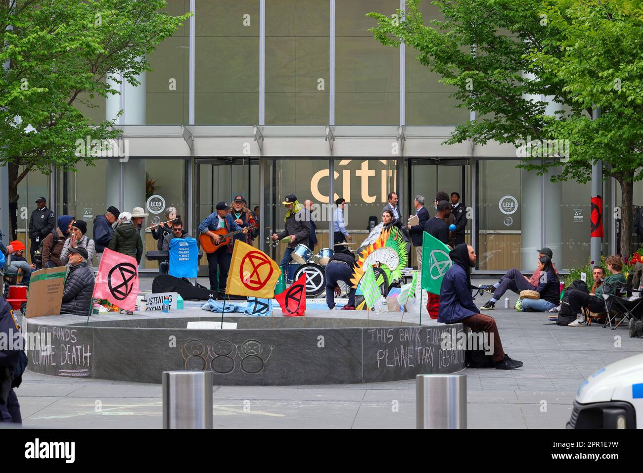 April 25, 2023, Extinction Rebellion stages a sit-in outside Citi headquarters in New York. They want Citigroup to stop funding fossil fuel companies. Stock Photo