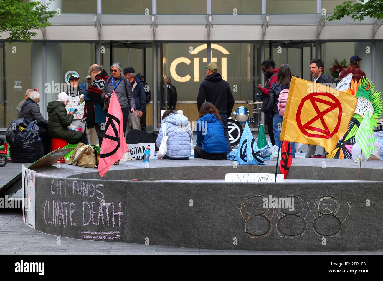 April 25, 2023, Extinction Rebellion stages a sit-in outside Citi headquarters in New York. They want Citigroup to stop funding fossil fuel companies. Stock Photo
