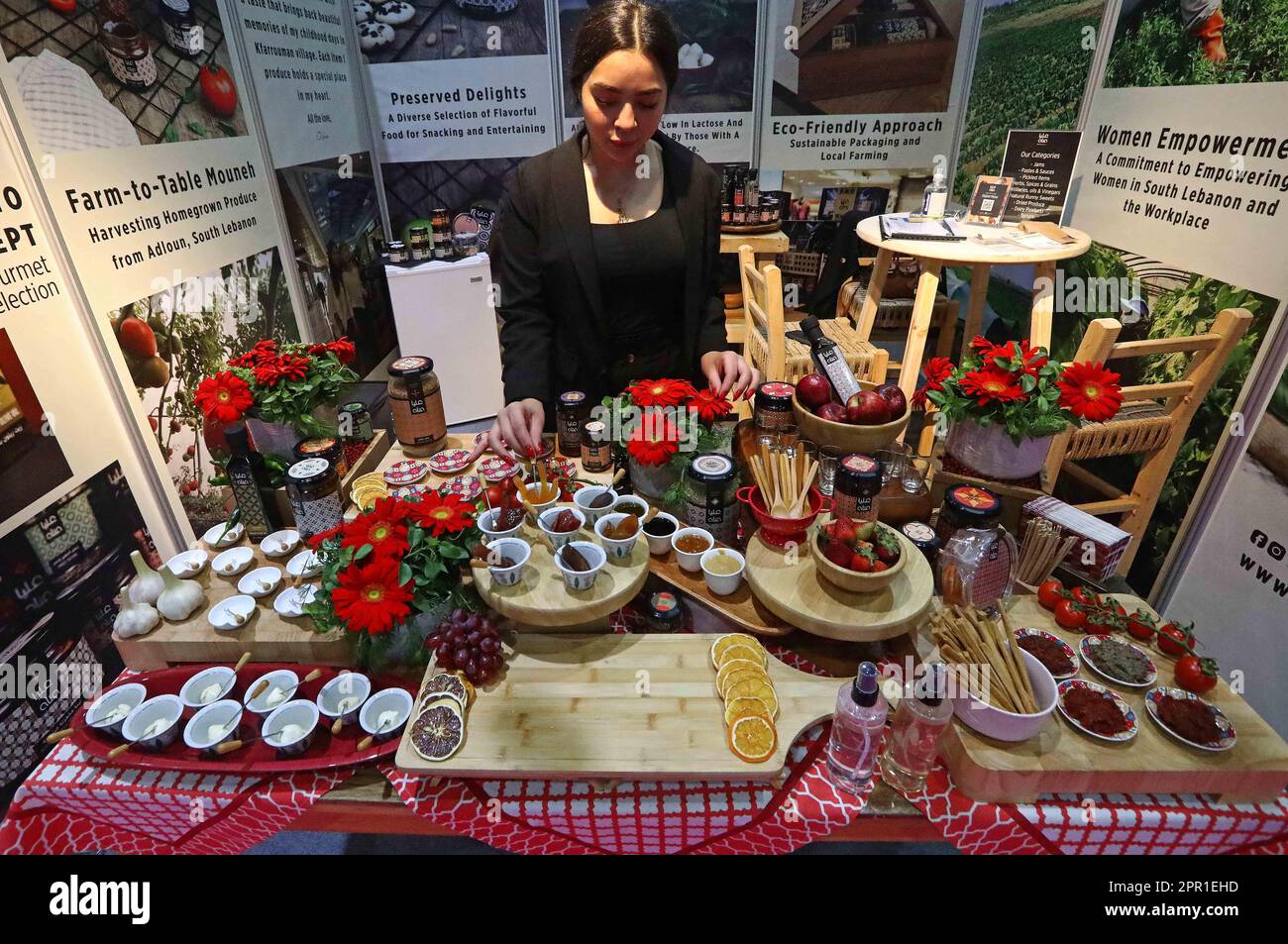 Beirut, Lebanon. 25th Apr, 2023. An exhibitor displays products at the