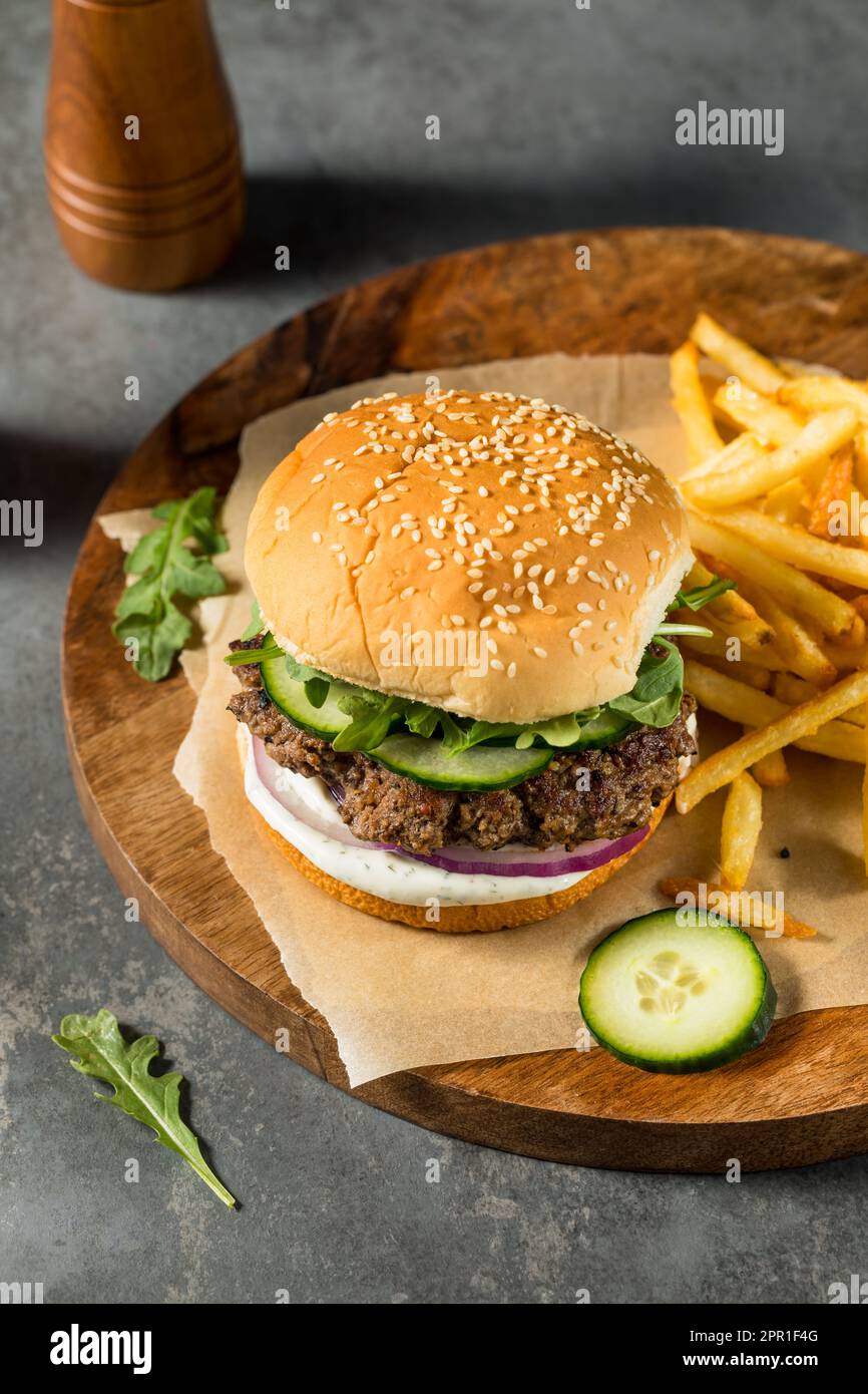 Homemade Healthy Lamb Burger with French Fries Stock Photo Alamy