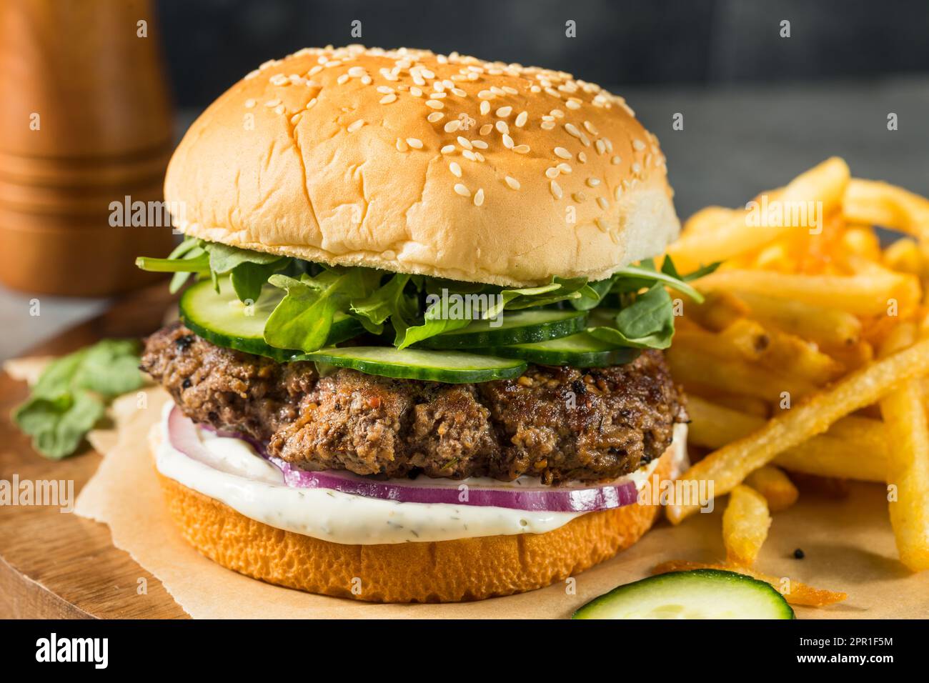 Homemade Healthy Lamb Burger with French Fries Stock Photo Alamy