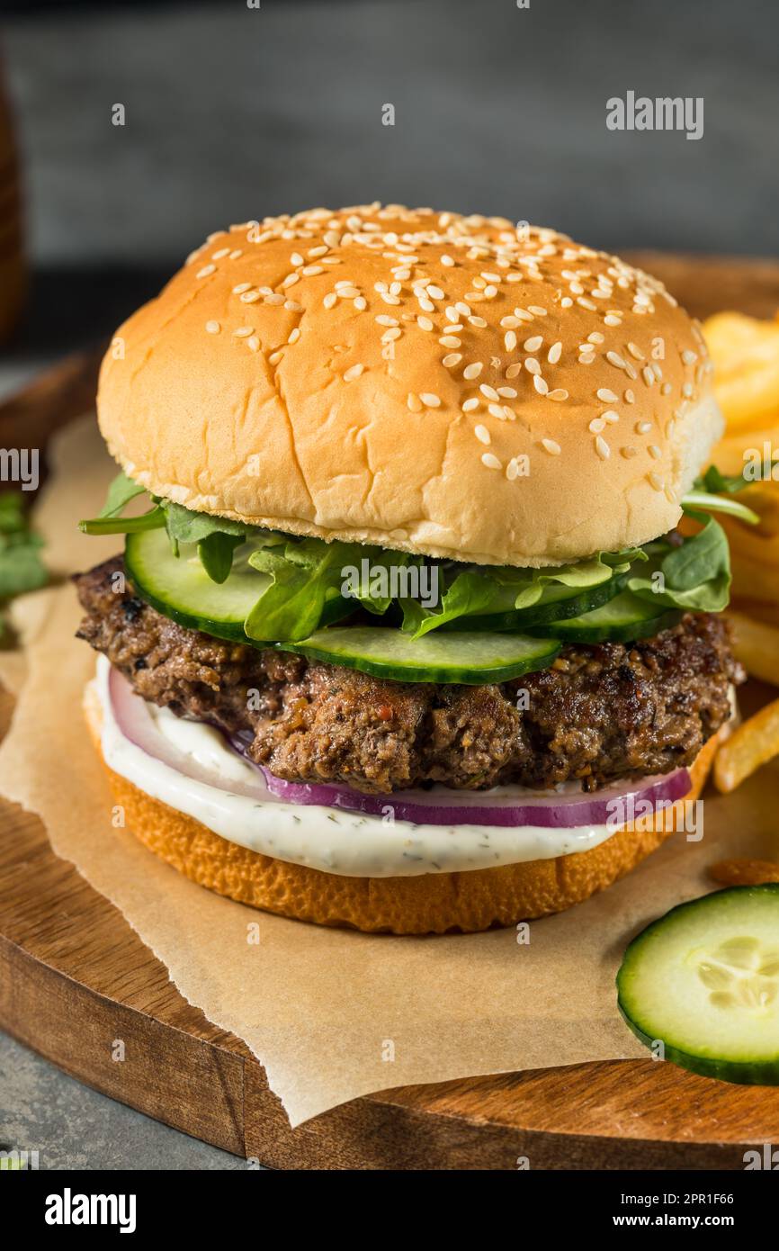 Homemade Healthy Lamb Burger with French Fries Stock Photo Alamy