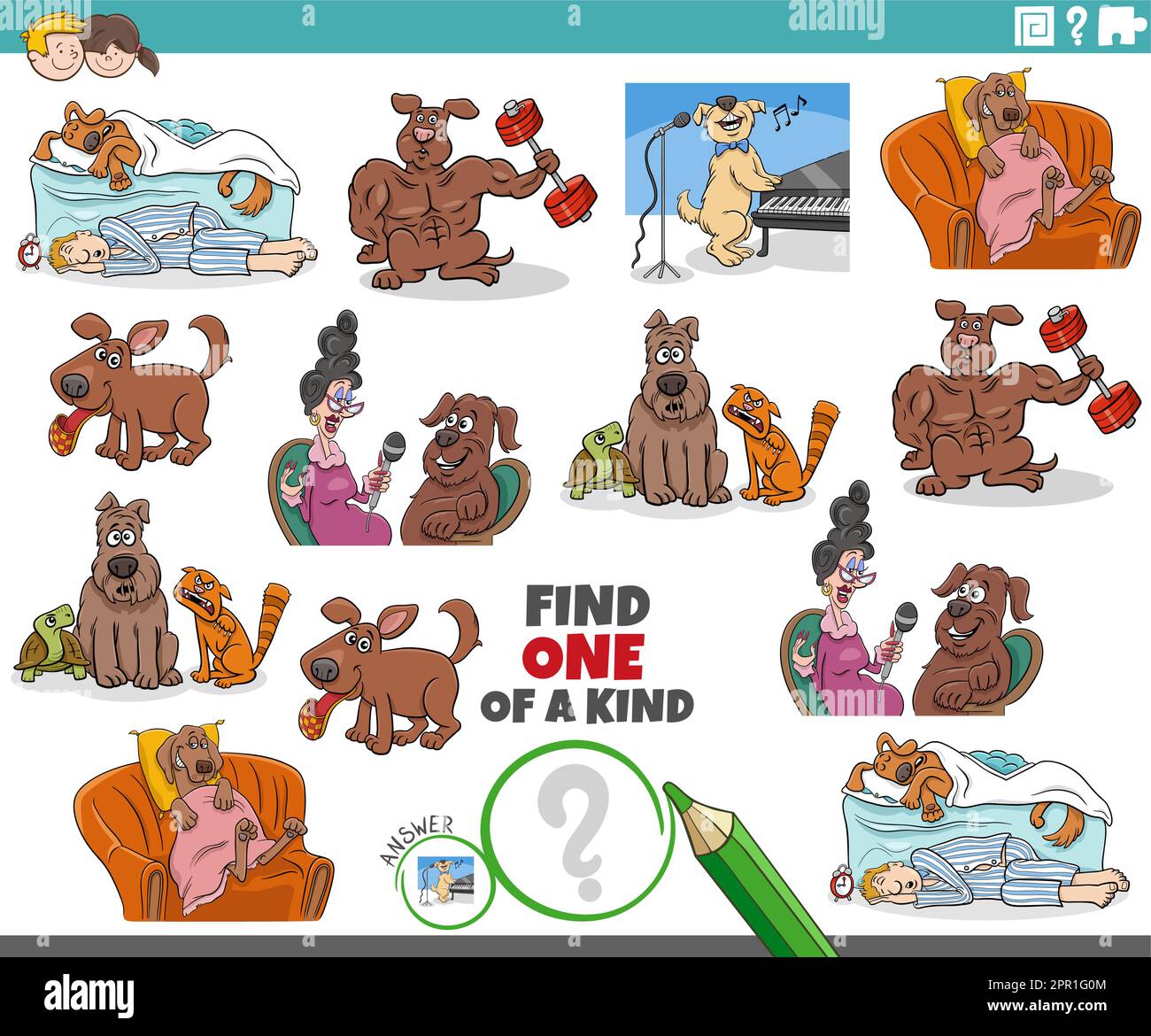 one of a kind activity with funny cartoon dogs Stock Vector