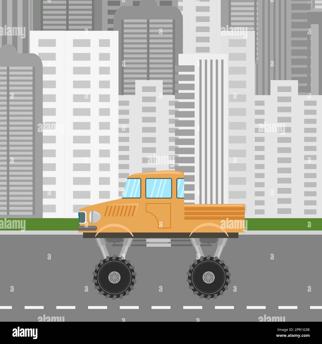 Orange Retro Monster Truck Icon on Modern City Buildings Background. Stock Vector
