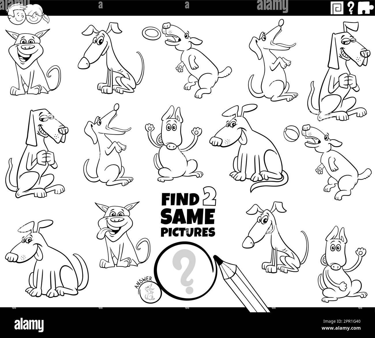 find two same dog characters game coloring page Stock Vector Image