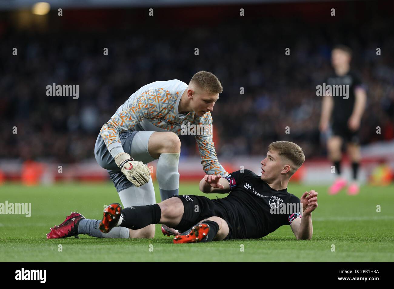 London, UK. 25th Apr, 2023. Mason Terry and Regan Clayton of West Ham United U18s during the Final of the FA Youth Cup between Arsenal U18's and West Ham Utd U18's at the Emirates Stadium, London, England on 25 April 2023. Photo by Joshua Smith. Editorial use only, license required for commercial use. No use in betting, games or a single club/league/player publications. Credit: UK Sports Pics Ltd/Alamy Live News Stock Photo