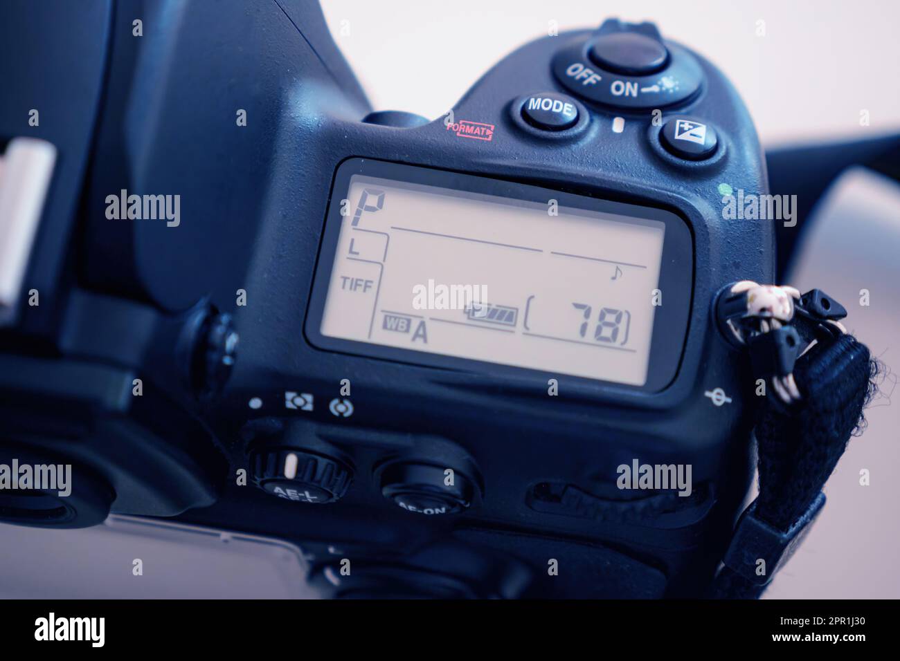 Paris, France - Jul 10, 2015: This professional Nikon camera features a  bright LCD display, mode buttons and battery sign for easy operation. Tiff  format archive technology for perfect images Stock Photo - Alamy