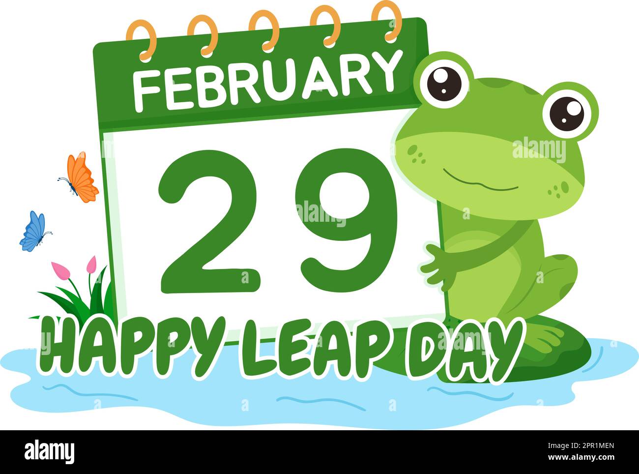 Happy Leap Day on 29 February with Cute Frog in Flat Style Cartoon Hand