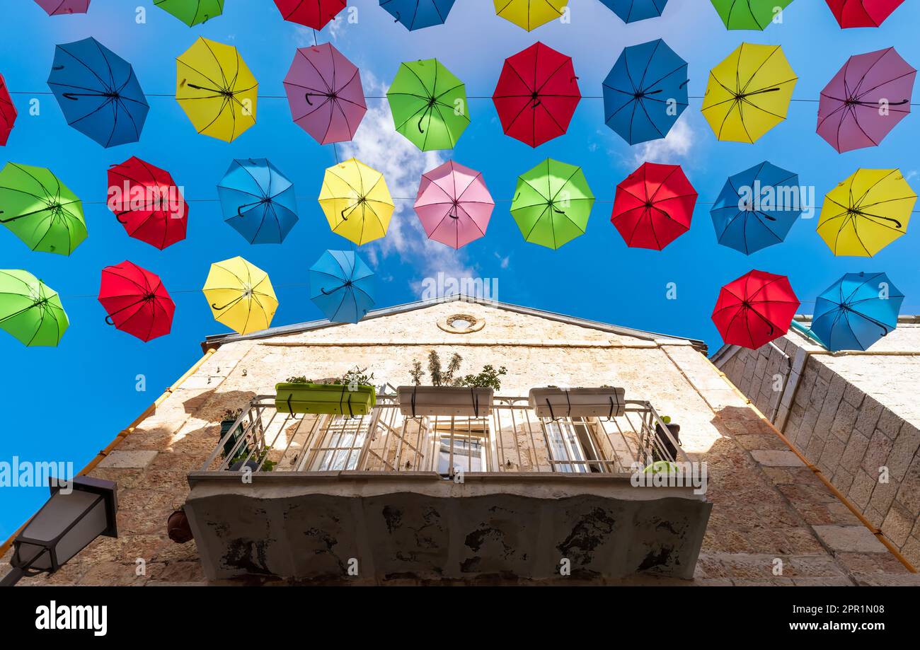 Jerusalem, Israel, Nahalat Shiva tourist promenade and colorful