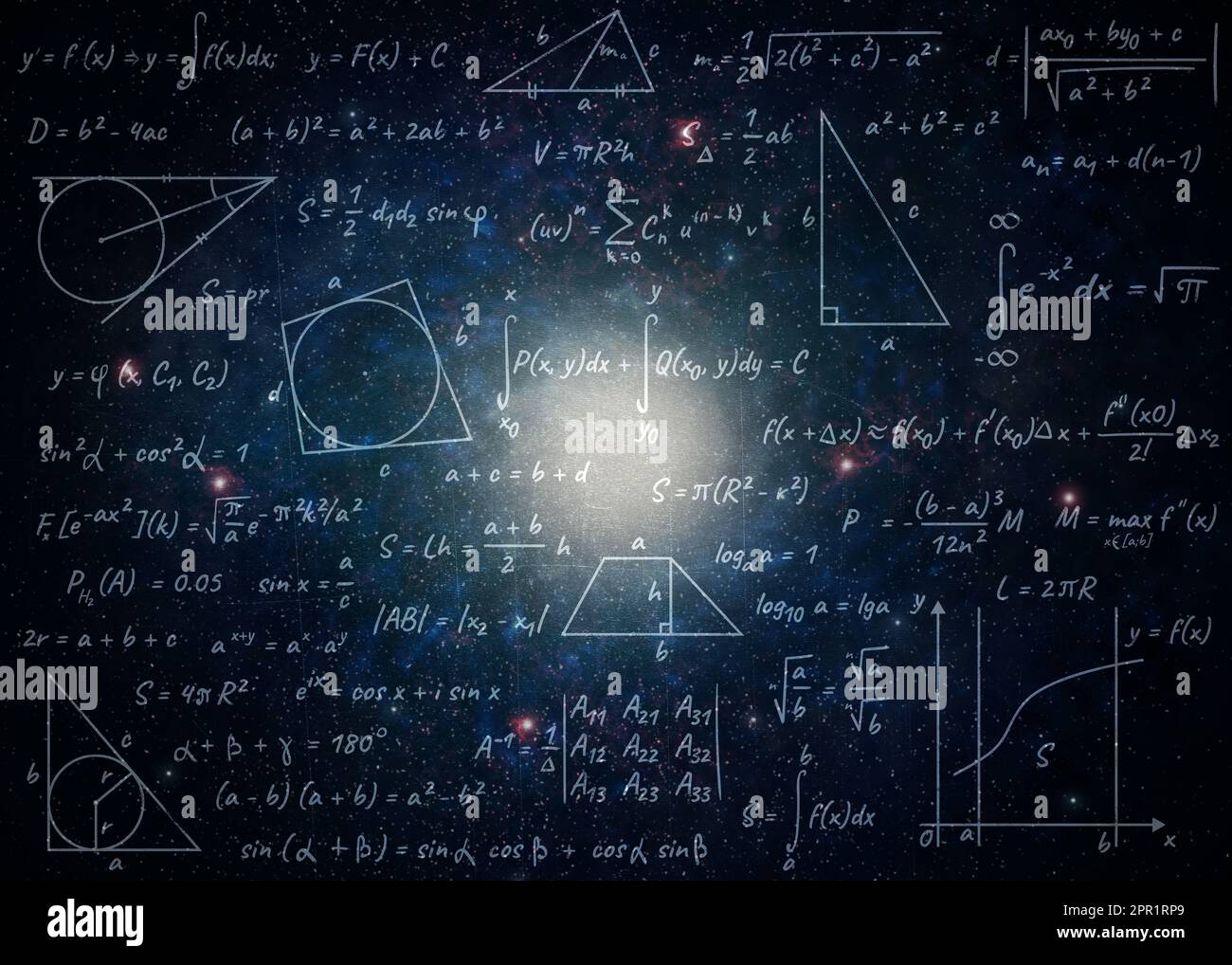 Illustration of basic physics and mathematics formulas and galaxy in ...