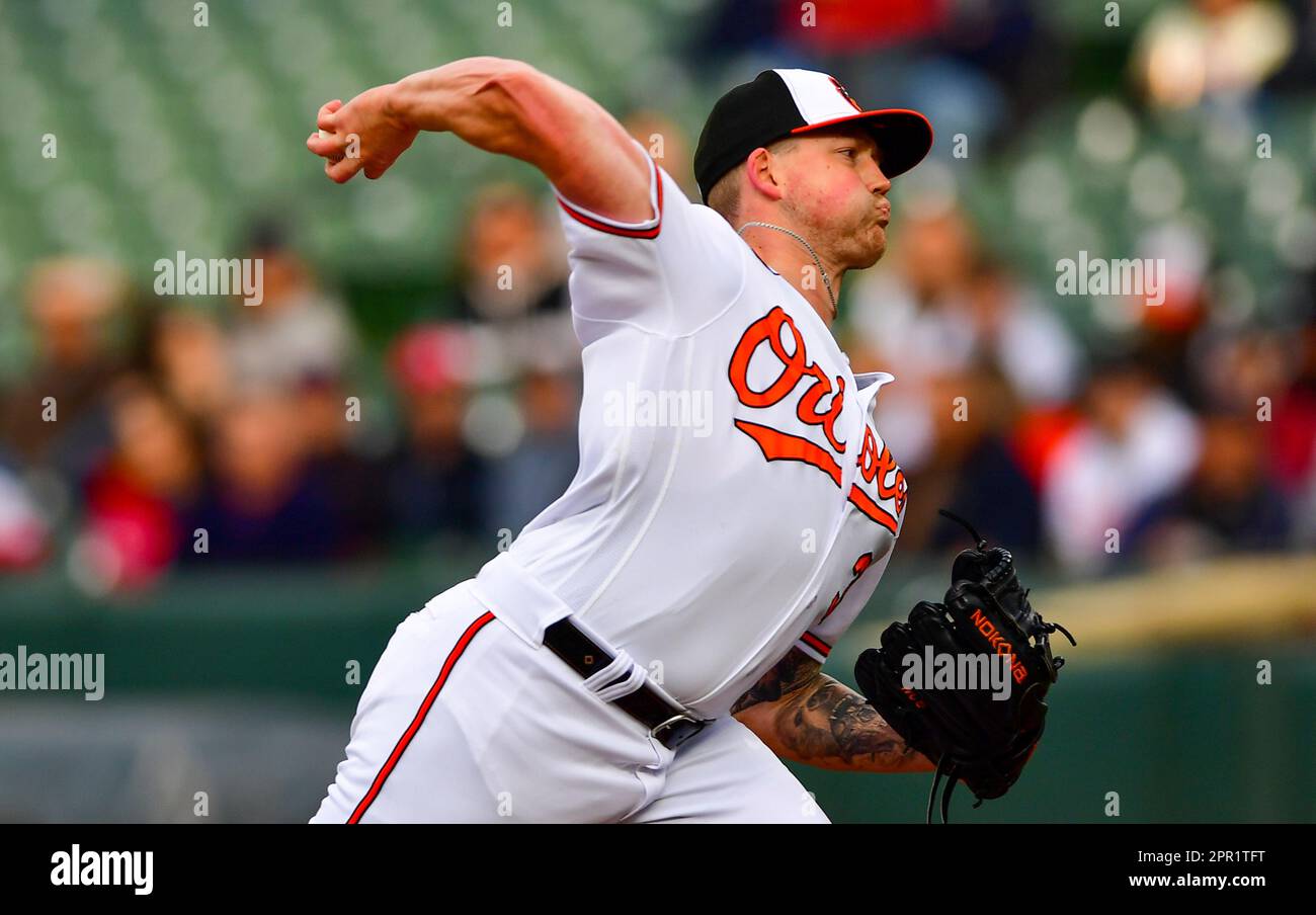 Baltimore, United States. 25th Apr, 2023. Baltimore Orioles starting pitcher Kyle Bradish (39) delivers to the Boston Red Sox during the first inning at Camden Yards in Baltimore, Maryland, on Tuesday, April 25, 2023. Photo by David Tulis/UPI Credit: UPI/Alamy Live News Stock Photo