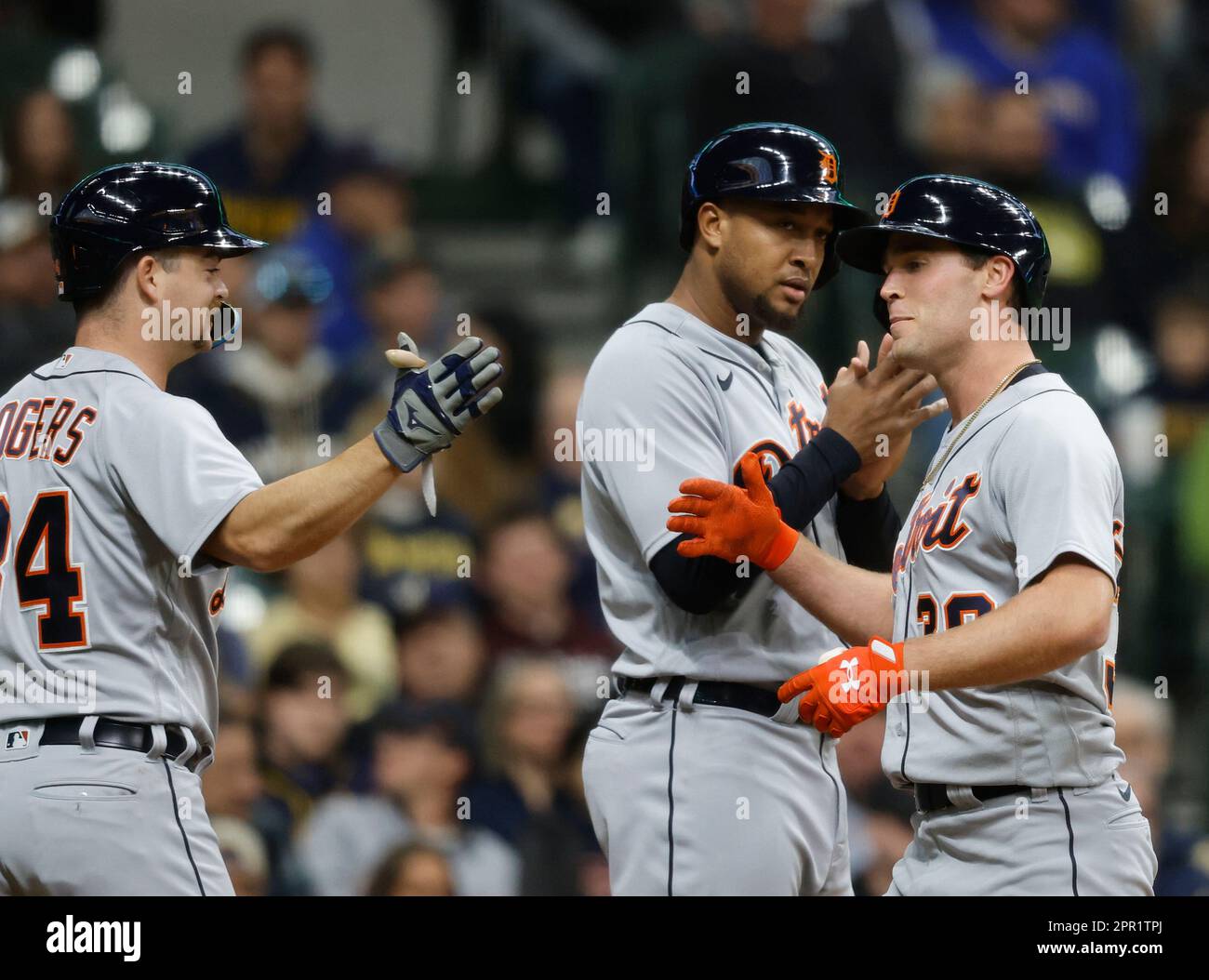 Detroit Tigers' Kerry Carpenter (30) is congratulated threerun home