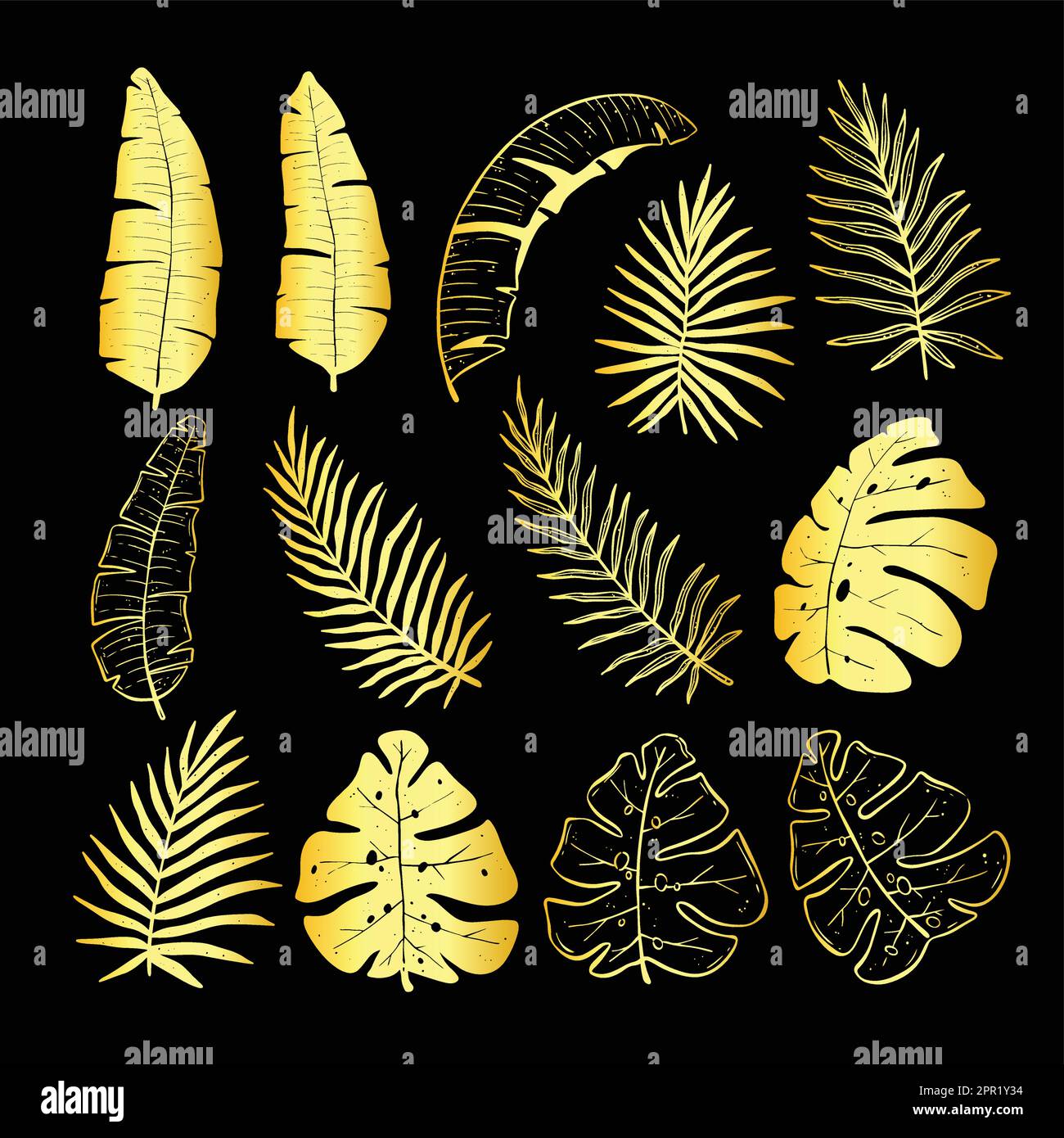 Hand drawn tropical rainforest golden leaves Stock Vector Image & Art ...
