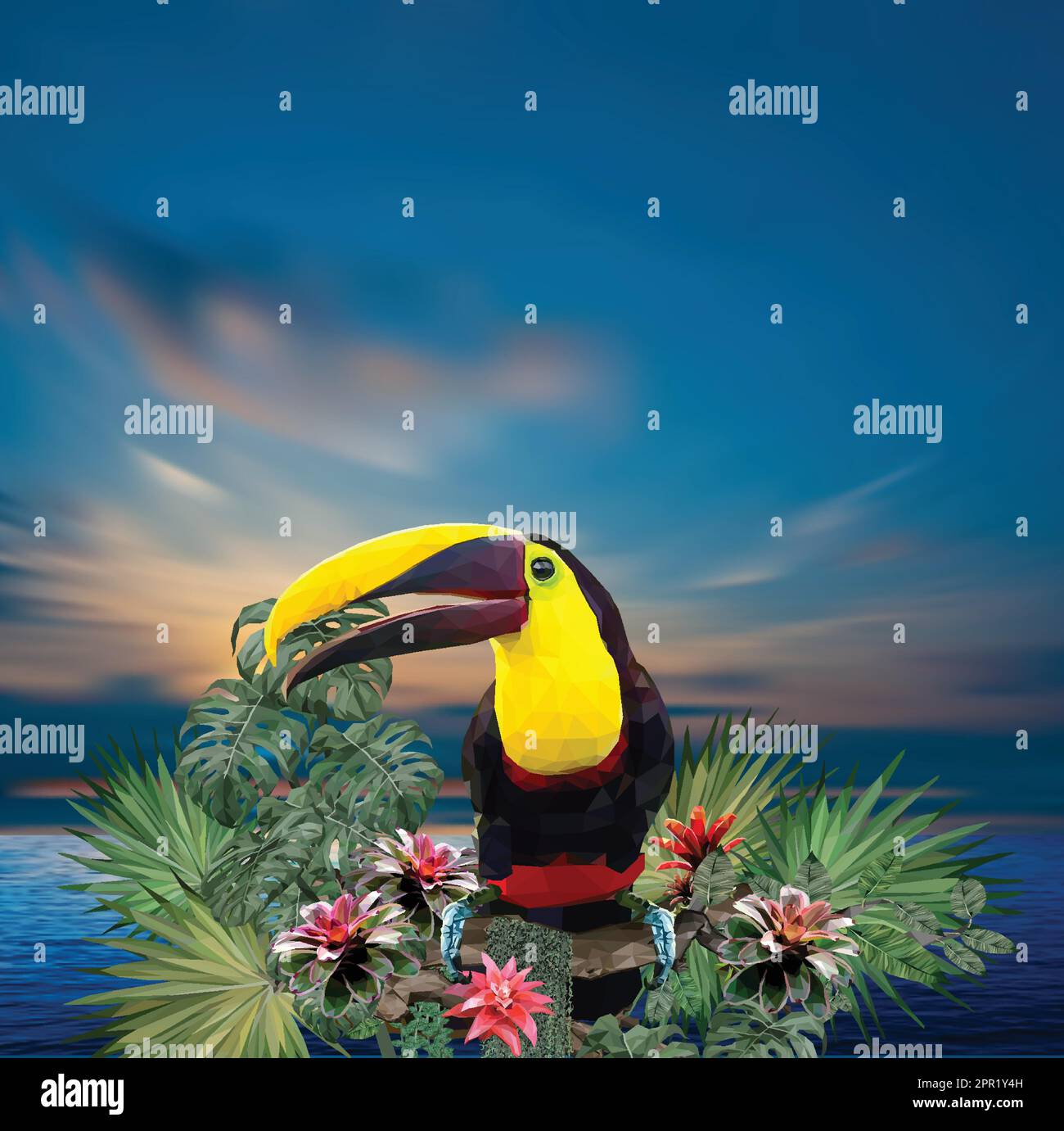 polygonal illustration toucan bird amazon forest plants Stock Vector