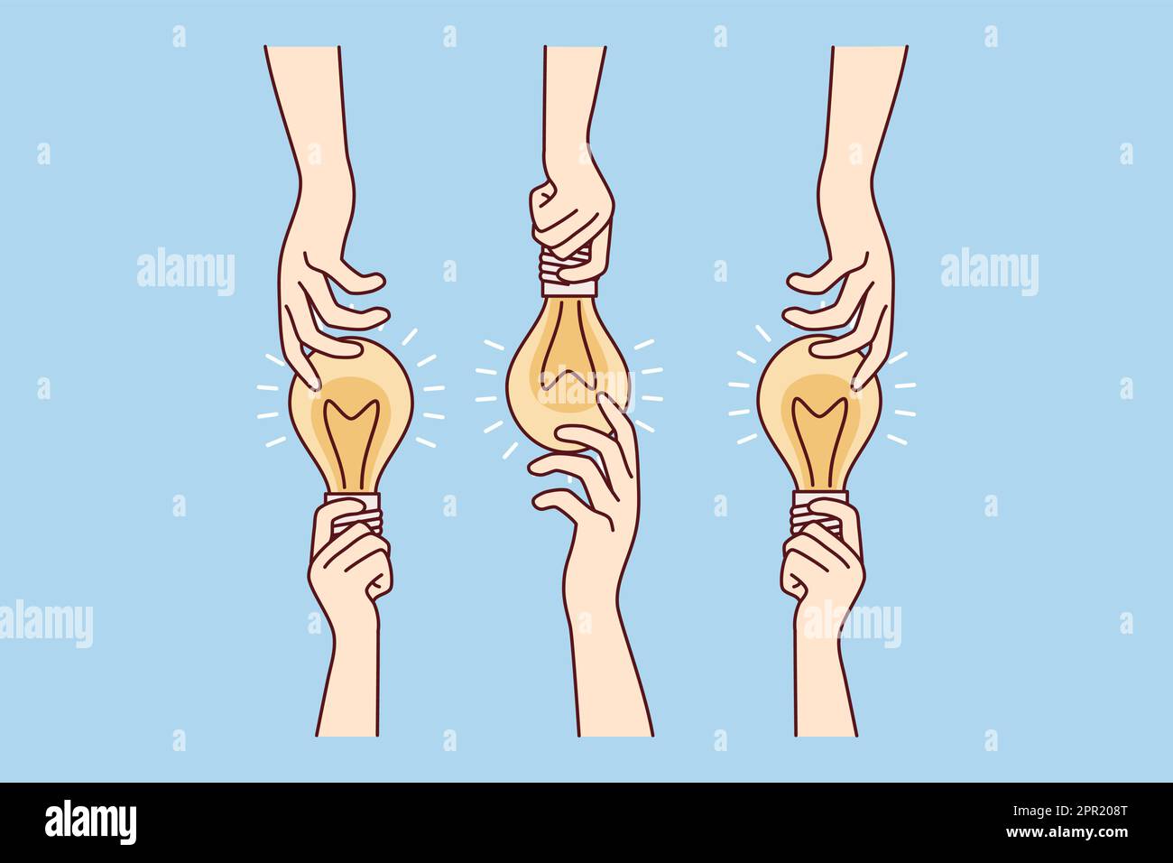 Hands sharing glowing light bulbs are metaphor for ideas or joint ...