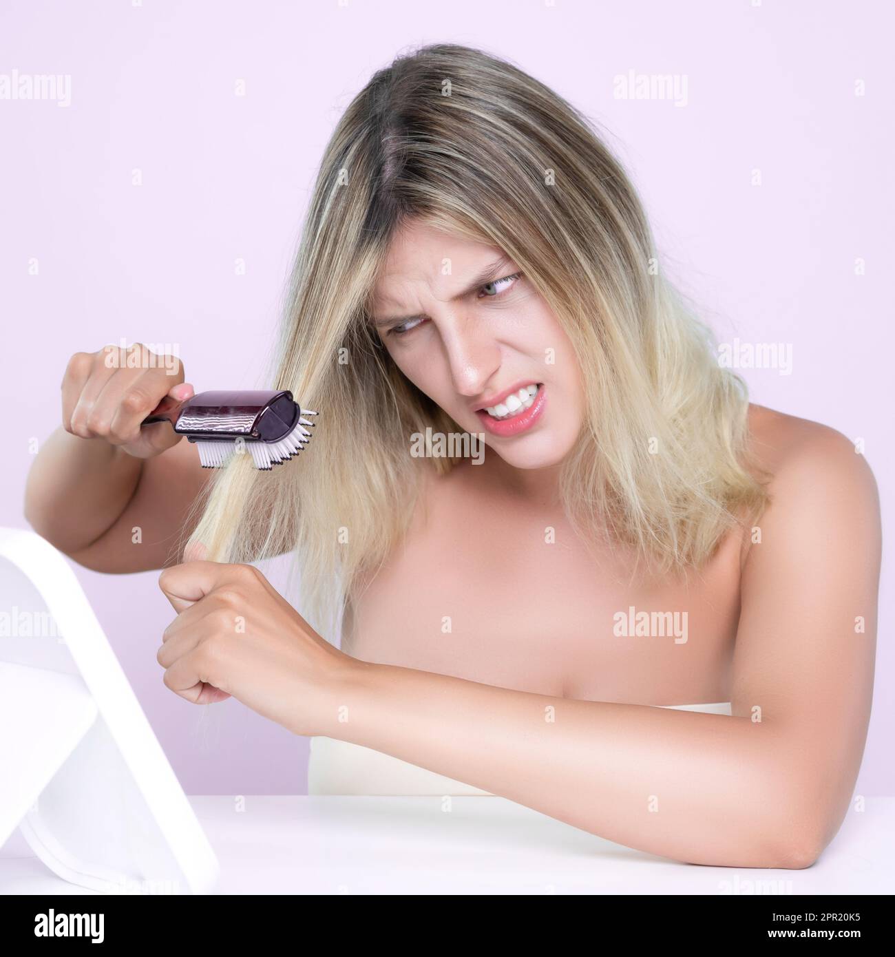 Alluring portrait of beauty cosmetic clean skin woman having brittle