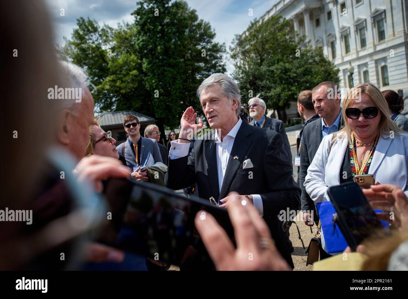 Former Ukrainian President Viktor Yushchenko arrives to offer remarks during a press conference on the Ukrainian Victory Resolution at the US Capitol in Washington, DC, Tuesday, April 25, 2023. Credit: Rod Lamkey/CNP Stock Photo